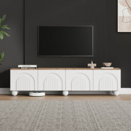 BTM 180cm TV Stand for TVs up to 75 Inch, White & Wood Effect Cabinet with 4 Storage Compartments and 6 Metal Legs - thumbnail 2