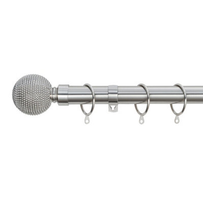 A.unique Home Beaded Ball Metal Extendable Curtain Pole With Rings And Fittings (25/28mm) - Brushed Steel, 120Cm - 220Cm Approx - image 1