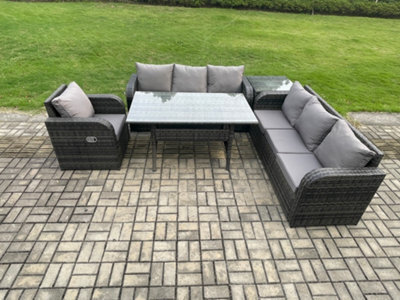 Fimous 7 Seater Rattan Garden Furniture Set Oblong Dining Table And Chairs Set With 3 Seater Sofa Side Tables Dark Grey Mixed - image 1