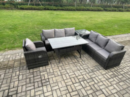 Fimous 7 Seater Rattan Garden Furniture Set Oblong Dining Table And Chairs Set With 3 Seater Sofa Side Tables Dark Grey Mixed - thumbnail 2