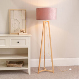 Valuelights Lottie Natural Wood Tripod Floor Lamp With Blush Pink Velvet Drum Shade - Led Bulb Included