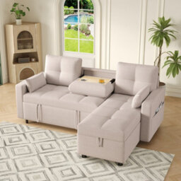 Matteo Beige L-Shaped Corner Sofa Bed With Pull-Out Double Sleeper, Reversible Chaise, Storage & Cup Holders - thumbnail 3
