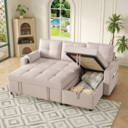 Matteo Beige L-Shaped Corner Sofa Bed With Pull-Out Double Sleeper, Reversible Chaise, Storage & Cup Holders - thumbnail 4