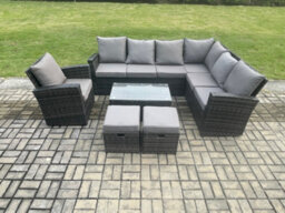 Fimous Wicker Pe Outdoor Garden Furniture Set High Back Rattan Corner Sofa Set With Arm Chair Rectangular Coffee Table - thumbnail 1