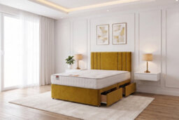 "Knight Sleep Sky Mustard Plush Bed Set With Mattress, 2 Drawers Same Side & 24""headboard, 2Ft6 - Small Single" - thumbnail 1
