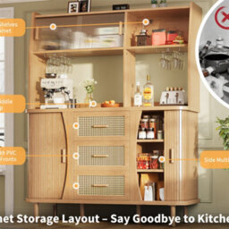 Abrihome 174.5Cm Tall Sideboard With Rattan Look & Glass Sliding Doors, Natural Wood/walnut Finish - thumbnail 3