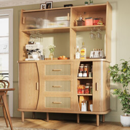 Abrihome 174.5Cm Tall Sideboard With Rattan Look & Glass Sliding Doors, Natural Wood/walnut Finish