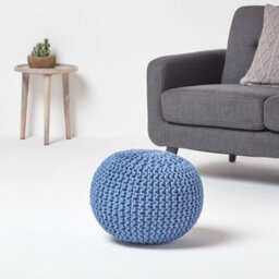 Homescapes Blue Round Cotton Knitted Pouffe Footstool - thumbnail 2