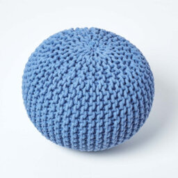 Homescapes Blue Round Cotton Knitted Pouffe Footstool - thumbnail 3