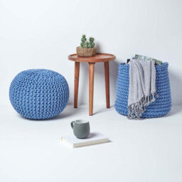 Homescapes Blue Round Cotton Knitted Pouffe Footstool - thumbnail 6