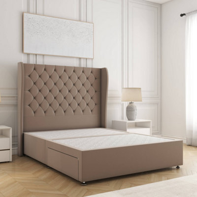 Bsspoke Amelia Divan Bed Set Mink Plush Velvet With 54Inch Wingedback Panel Headboard No Drawers No Mattress In All Sizes - image 1