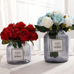 12 Head White & Blue Artificial Silk Rose Bouquet - Realistic Faux Flowers For Wedding & Home Decor - thumbnail 3