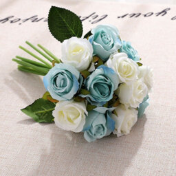 12 Head White & Blue Artificial Silk Rose Bouquet - Realistic Faux Flowers For Wedding & Home Decor - thumbnail 1