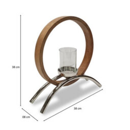 Try Circular Wooden And Metal Candle Holder Ornament And Home Accessory In Silver Natural 36.5Cm Height - thumbnail 4