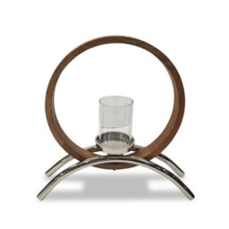 Try Circular Wooden And Metal Candle Holder Ornament And Home Accessory In Silver Natural 36.5Cm Height