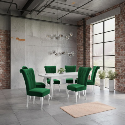 Extendable Dining Table And 6 Chairs Wood Mdf Hdf Chipboard Lara 140 To 180X80X75Cm White Oak Finish White And Green - image 1