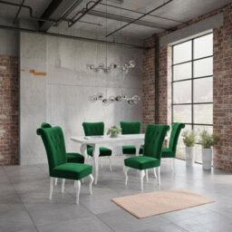 Extendable Dining Table And 6 Chairs Wood Mdf Hdf Chipboard Lara 140 To 180X80X75Cm White Oak Finish White And Green - thumbnail 1
