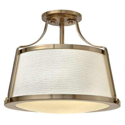 Elegant 3 Bulb Semi Flush Mount Light Fixture With Off White Fabric Shade And Brushed Caramel Finish - image 1