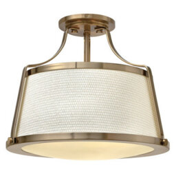 Elegant 3 Bulb Semi Flush Mount Light Fixture With Off White Fabric Shade And Brushed Caramel Finish - thumbnail 1