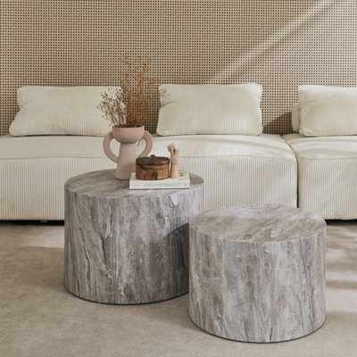 Sweeek - Pair Of Round Marble-Effect Nesting Coffee Tables Grey 58X1X40 Cm - Paros - image 1