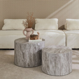 Sweeek - Pair Of Round Marble-Effect Nesting Coffee Tables Grey 58X1X40 Cm - Paros