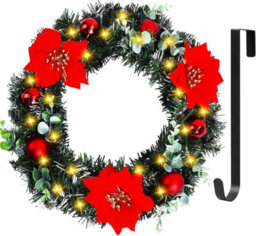 40Cm Christmas Wreath (Hanger Included), Artificial Door Wreath With Led Lights, Xmas Wreath - thumbnail 1