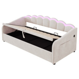 Modernluxe 3Ft Single Bed, Daybed, Ottoman, 90X190Cm, Velvet, Beige, With Rgb Led And Charging Station, With Hydraulic Storage - thumbnail 8