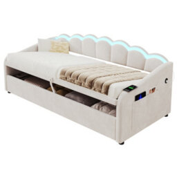 Modernluxe 3Ft Single Bed, Daybed, Ottoman, 90X190Cm, Velvet, Beige, With Rgb Led And Charging Station, With Hydraulic Storage - thumbnail 9