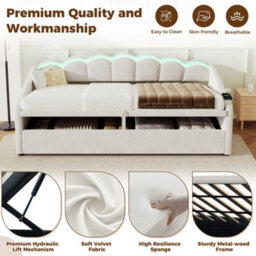 Modernluxe 3Ft Single Bed, Daybed, Ottoman, 90X190Cm, Velvet, Beige, With Rgb Led And Charging Station, With Hydraulic Storage - thumbnail 7