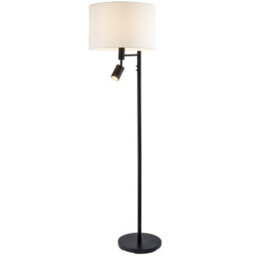 Happy Homewares Modern Black Floor Light With Led Adjustable Spot Lamp And White Cotton Shade