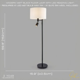 Happy Homewares Modern Black Floor Light With Led Adjustable Spot Lamp And White Cotton Shade - thumbnail 6