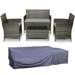Evre Grey Madrid Rattan Garden Furniture Set Patio Outdoor 4 Seater Piece Glass Top Coffee Table & Cover - Inc Weekend Delivery