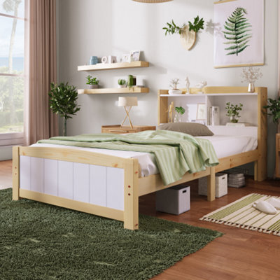 Solid Wooden Single Bed Frame With Storage Headboard,3Ft(90X190Cm)-Frame Only