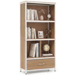Gainoom 5-Tier Natural Bookshelf Industrial Freestanding Bookcase W/4 Storage Compartments & Large Fabric Drawer - thumbnail 1