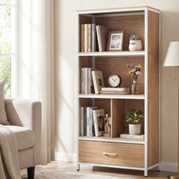 Gainoom 5-Tier Natural Bookshelf Industrial Freestanding Bookcase W/4 Storage Compartments & Large Fabric Drawer - thumbnail 5
