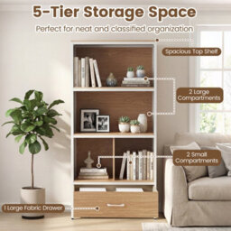 Gainoom 5-Tier Natural Bookshelf Industrial Freestanding Bookcase W/4 Storage Compartments & Large Fabric Drawer - thumbnail 4