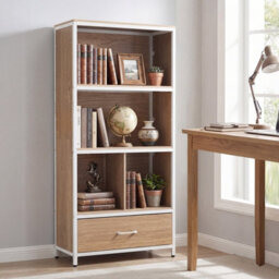 Gainoom 5-Tier Natural Bookshelf Industrial Freestanding Bookcase W/4 Storage Compartments & Large Fabric Drawer - thumbnail 3