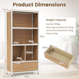 Gainoom 5-Tier Natural Bookshelf Industrial Freestanding Bookcase W/4 Storage Compartments & Large Fabric Drawer - thumbnail 2