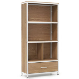Gainoom 5-Tier Natural Bookshelf Industrial Freestanding Bookcase W/4 Storage Compartments & Large Fabric Drawer - thumbnail 9