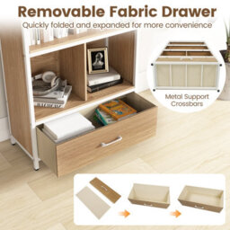 Gainoom 5-Tier Natural Bookshelf Industrial Freestanding Bookcase W/4 Storage Compartments & Large Fabric Drawer - thumbnail 8