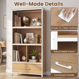 Gainoom 5-Tier Natural Bookshelf Industrial Freestanding Bookcase W/4 Storage Compartments & Large Fabric Drawer - thumbnail 6