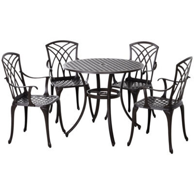Matteo 5-Piece Cast Aluminium Garden Dining Set For 4 With Round Table, Parasol Hole & Armchairs - Brown - image 1