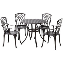 Matteo 5-Piece Cast Aluminium Garden Dining Set For 4 With Round Table, Parasol Hole & Armchairs - Brown - thumbnail 1