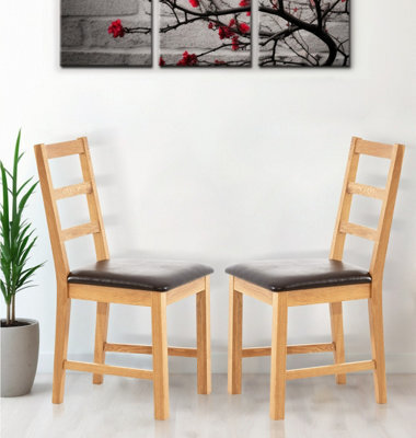 Hallowood Furniture Pair Of Oak Small Ladder Back Chairs With Brown Bonded Leather  Seat - image 1