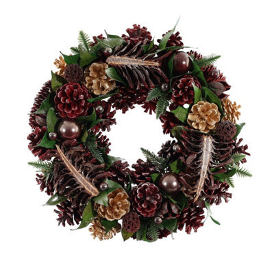 Burgundy Wreath With Cones And Baubles