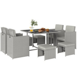 Outsunny 8 Seater Cube Rattan Garden Dining Set With Cushions, Light Grey - thumbnail 2