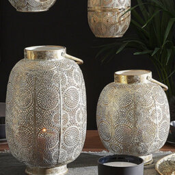Beliani Distressed Gold Metal Lantern 30Cm With Glass Candle Holder, Boho Openwork Design - thumbnail 2