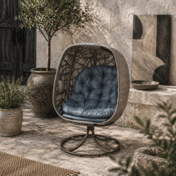 Wyld Haus Nise Sand Brown Rattan-Style Metal Swivel Egg Chair With Cushions - Foldable Outdoor Patio Seat