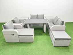Fimous 9 Pieces Outdoor Pe Rattan Sofa Reclining Chair Set With Cushions 2 Side Tables 2 Big Stools Light Grey - thumbnail 1