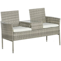 Outsunny Rattan Garden Bench W/ Glass Tea Table, Wicker Chair W/ Cushions, Grey - thumbnail 2
